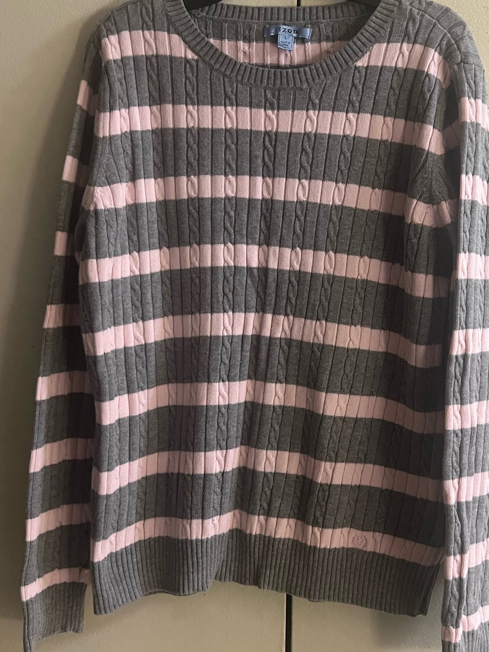 Izod Gray and Pink Striped Cable Crew Sweater